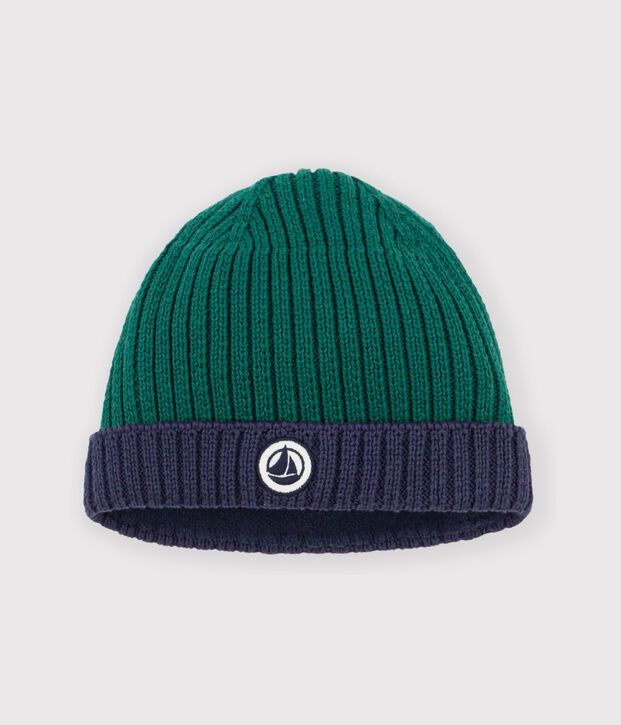Baby-M&uuml;tze aus zweifarbigem Strick mit Fleece-Futter gr&uuml;n/blau