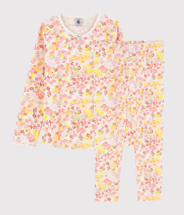 Kinderpyjama aus Baumwolle mit Blumenmuster im Aquarell-Stil f&uuml;r M&auml;dchen weiss/vielfarbig