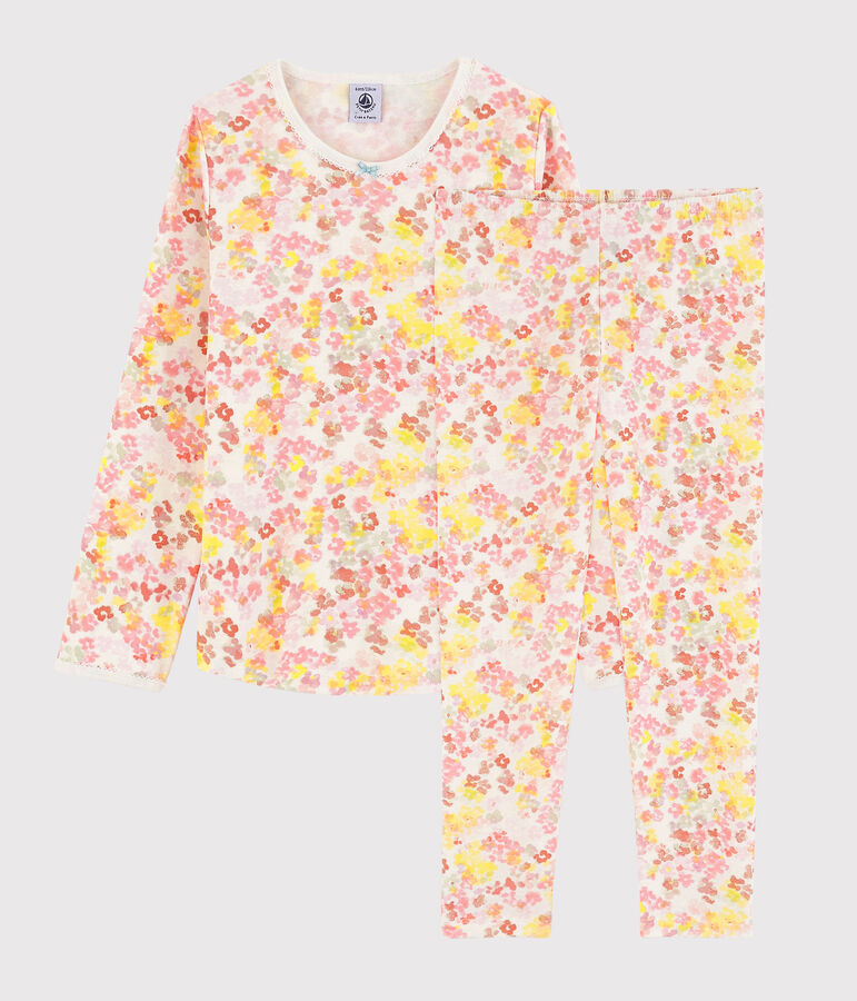 Kinderpyjama aus Baumwolle mit Blumenmuster im Aquarell-Stil f&uuml;r M&auml;dchen weiss MARSHMALLOW/weiss MULTICO