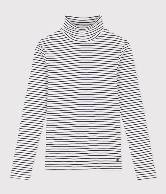 Rollkragenshirt aus Baumwolle für Damen weiss MARSHMALLOW/blau SMOKING