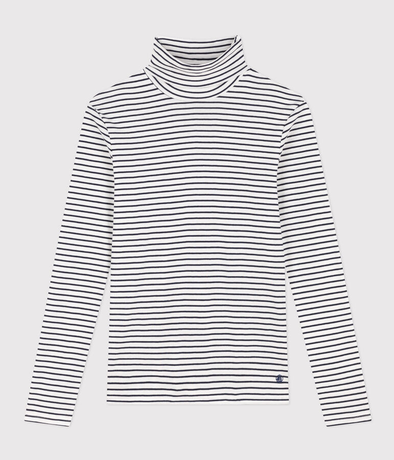 Rollkragenshirt aus Baumwolle f&uuml;r Damen weiss MARSHMALLOW/blau SMOKING