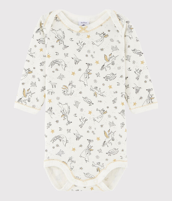 Langärmeliger Baby-Body Mädchen weiss MARSHMALLOW/weiss MULTICO