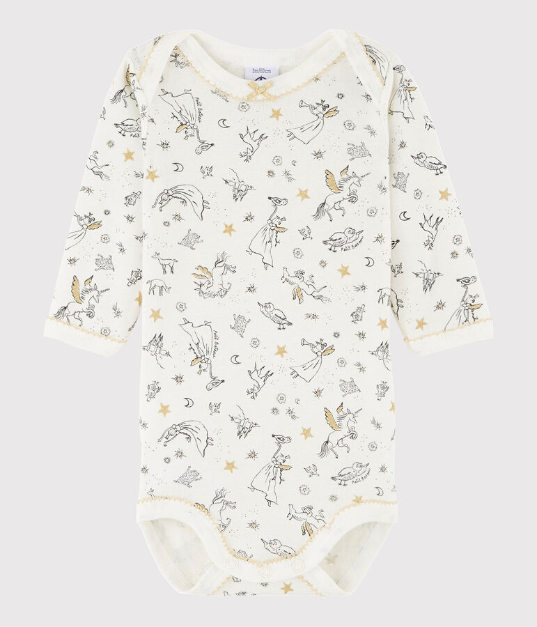 Lang&auml;rmeliger Baby-Body M&auml;dchen weiss MARSHMALLOW/weiss MULTICO