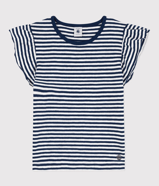 Gestreiftes Kinder-T-Shirt aus Baumwolle für Mädchen blau MEDIEVAL/weiss MARSHMALLOW