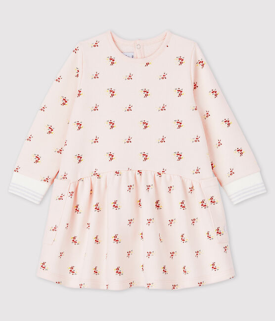 Langärmeliges Baby-Kleid aus Molton für Mädchen rosa FLEUR/weiss MULTICO