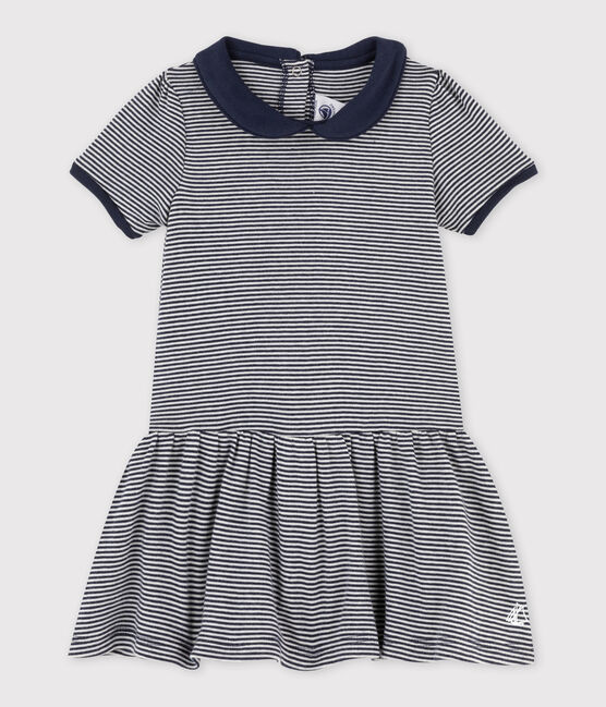 Baby-Mädchen-Kleid mit Milleraies-Ringelmuster blau SMOKING/beige COQUILLE