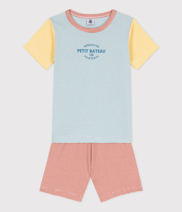 Kinder-Kurzpyjama aus Baumwolle mit dreifarbigen Ringelstreifen blau/vielfarbig