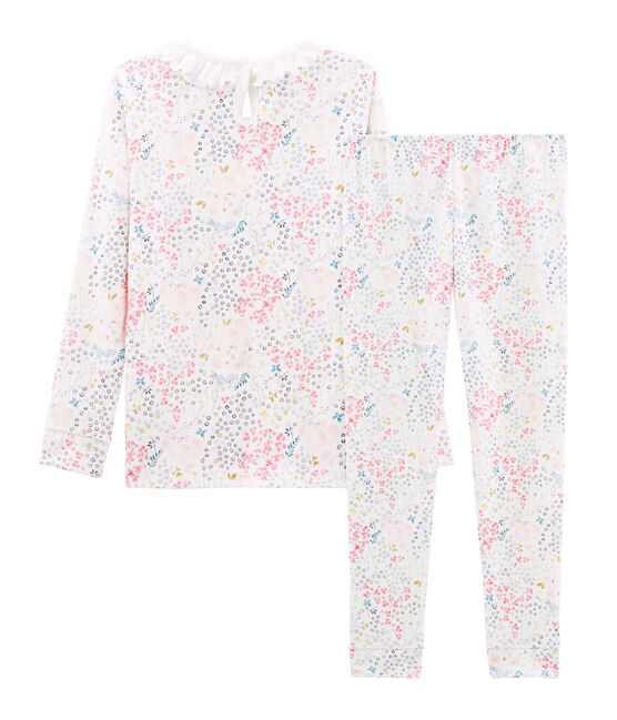 Sehr eng anliegender Rippstrick-Pyjama für kleine Mädchen weiss MARSHMALLOW/weiss MULTICO