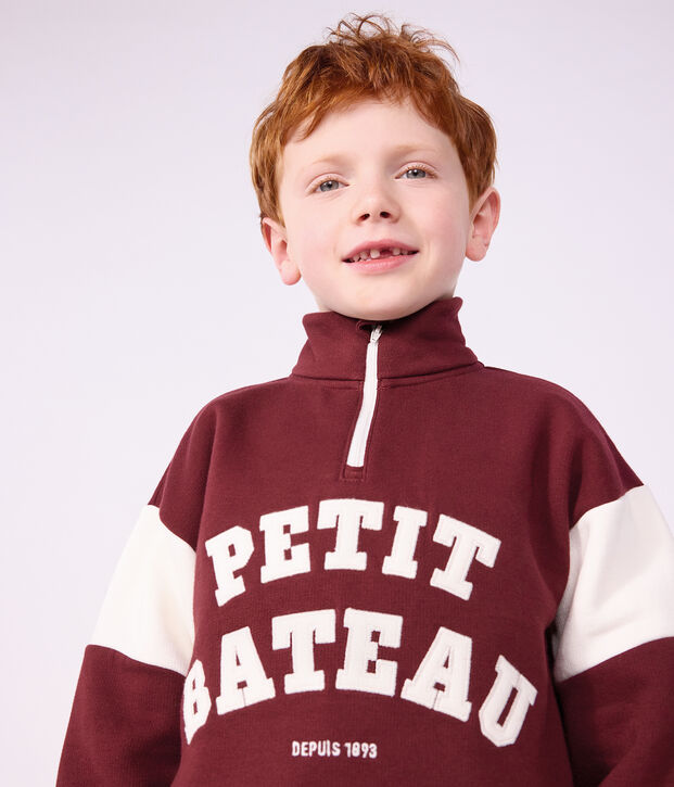 Kinder-Sweatshirt mit Rei&szlig;verschluss-Kragen aus Baumwolle im Colorblock rot/naturfarben
