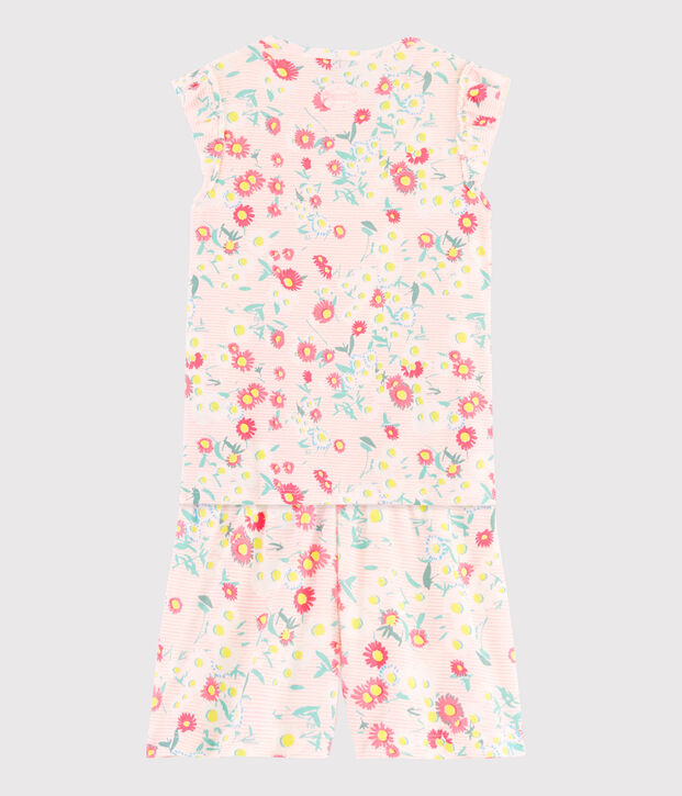 Kurz-Pyjama aus Rippstrick mit Blumenmuster f&uuml;r kleine M&auml;dchen weiss/vielfarbig
