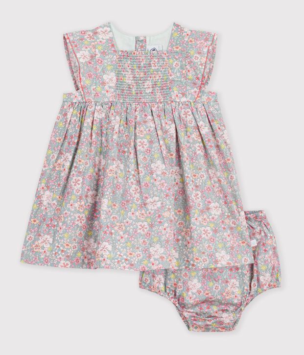 Kurz&auml;rmeliges Babykleid aus Baumwolle und dazu passender Bloomer mit Blumenmuster blau/vielfarbig