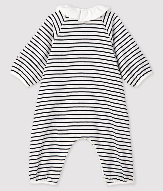 Gestreifter Baby-Langoverall für Mädchen aus Rippstrick weiss MARSHMALLOW/blau SMOKING