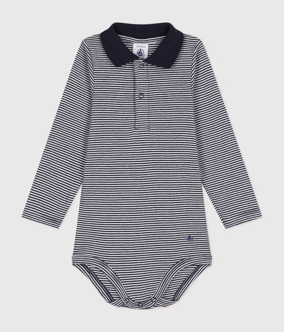 Langärmeliger Baby-Body aus Baumwolle mit Kragen blau SMOKING/weiss MARSHMALLOW