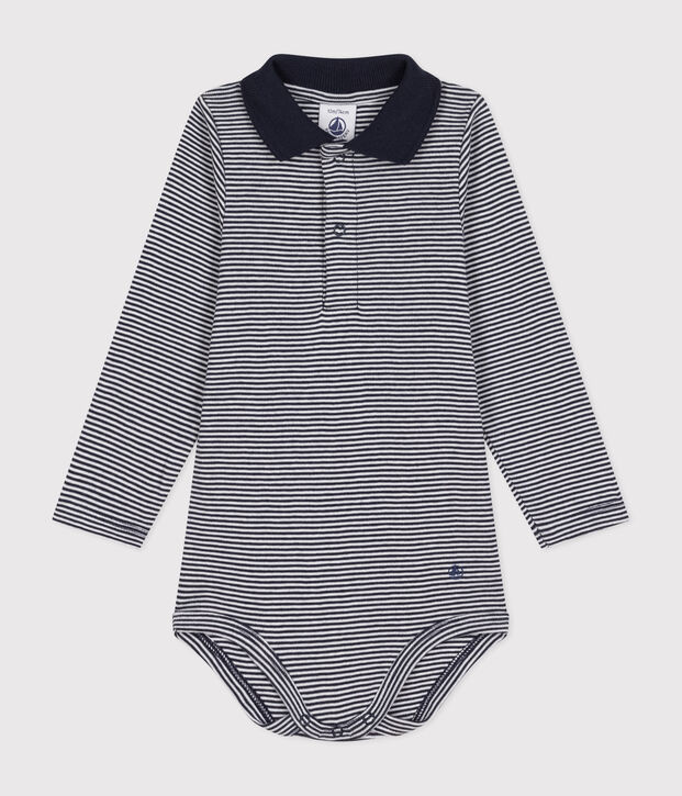 Baby-Body aus Baumwolle mit Polokragen und Streifen blau/weiss