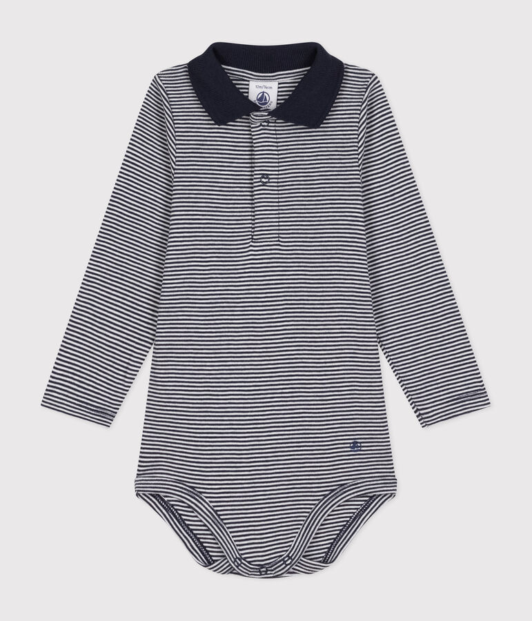 Baby-Body aus Baumwolle mit Polokragen und Streifen blau/weiss