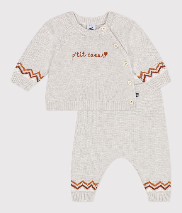 2-teiliges Baby-Set aus Wollstrick mit P'tit  C&oelig;ur-Motiv beige/vielfarbig