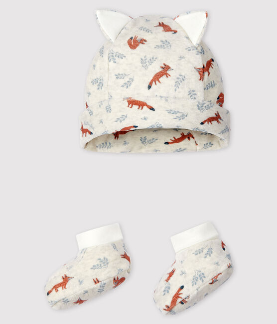 Set aus Samt für Neugeborene mit Mütze und Babyschuhen mit Fuchsmotiv beige MONTELIMAR/weiss MULTICO