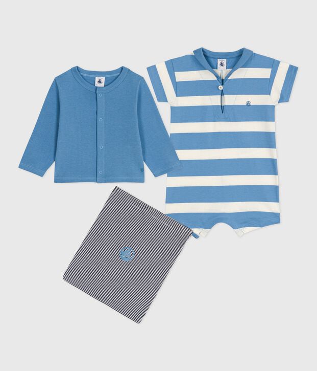 2-teiliges Baby-Set aus Baumwolle, einfarbiger Cardigan und Kurzoverall blau/vielfarbig