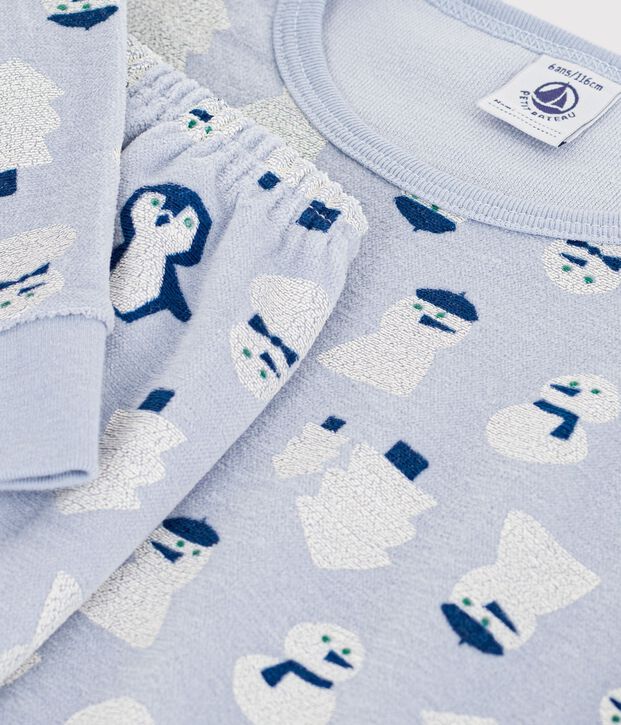 Kinder-Pyjama aus Nicki mit Schneemann-Motiv blau/vielfarbig