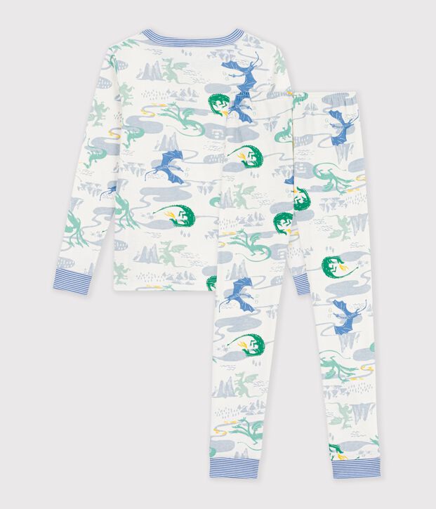 Eng anliegender Kinder-Pyjama aus gemusterter Baumwolle weiss/vielfarbig