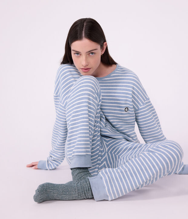 Damen-Pyjama aus Baumwoll-Frottee mit Streifen blau/naturfarben