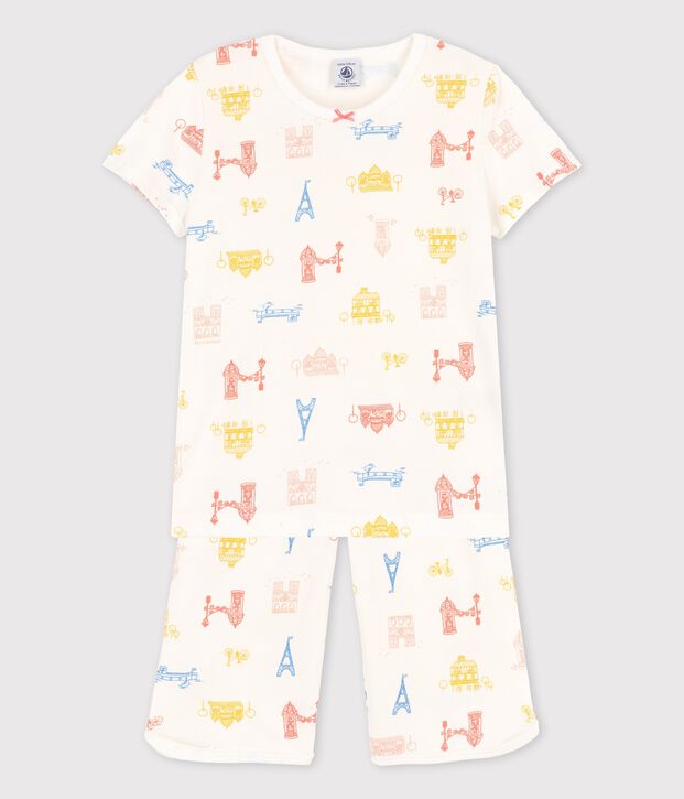 Kinder-Kurzpyjama Paris aus Baumwolle f&uuml;r M&auml;dchen weiss/vielfarbig