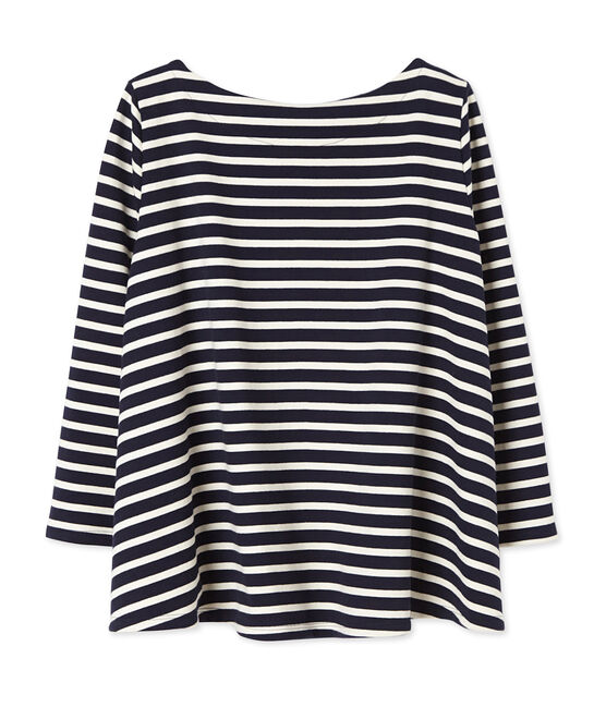 Gestreiftes Damen-Shirt aus schwerem Jersey blau SMOKING/beige COQUILLE