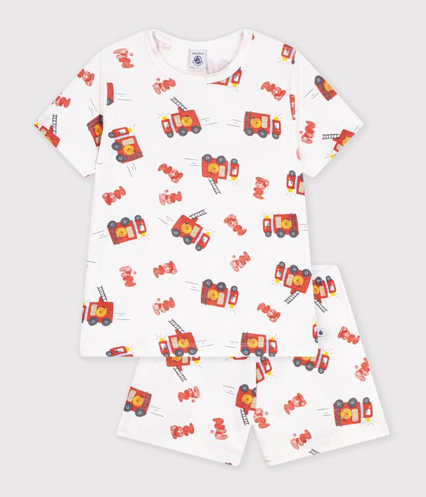 Kinder-Kurzpyjama aus Baumwolle mit Feuerwehrm&auml;nnern weiss/vielfarbig