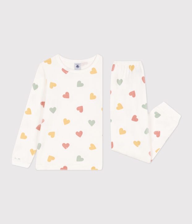 Kinderpyjama aus Nicki mit Herzmotiv f&uuml;r M&auml;dchen weiss/vielfarbig