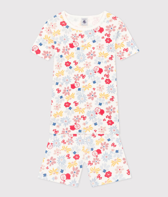 Kurzer, körpernaher Kinderpyjama aus Baumwolle mit Blumenmuster weiss MARSHMALLOW/weiss MULTICO