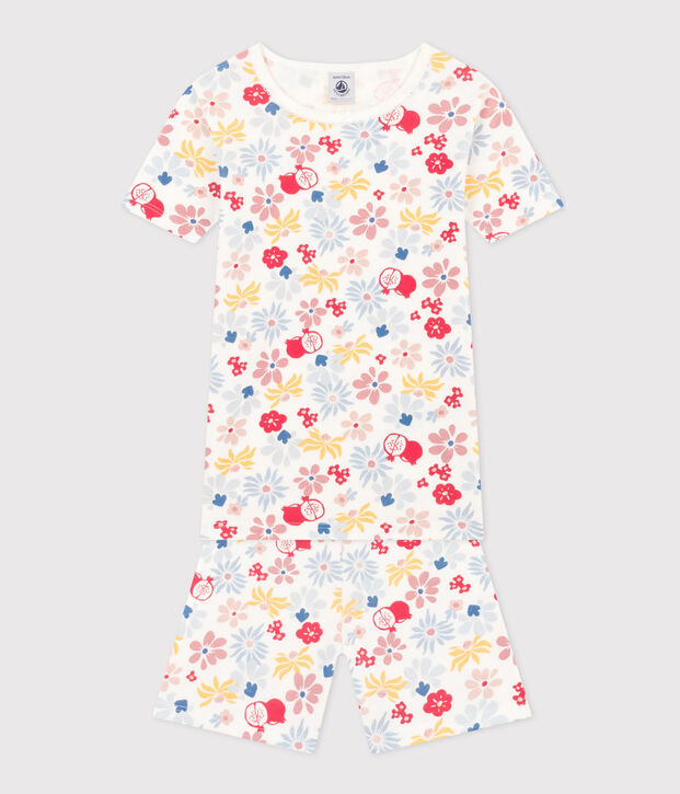 Kurzer, k&ouml;rpernaher Kinderpyjama aus Baumwolle mit Blumenmuster weiss/vielfarbig