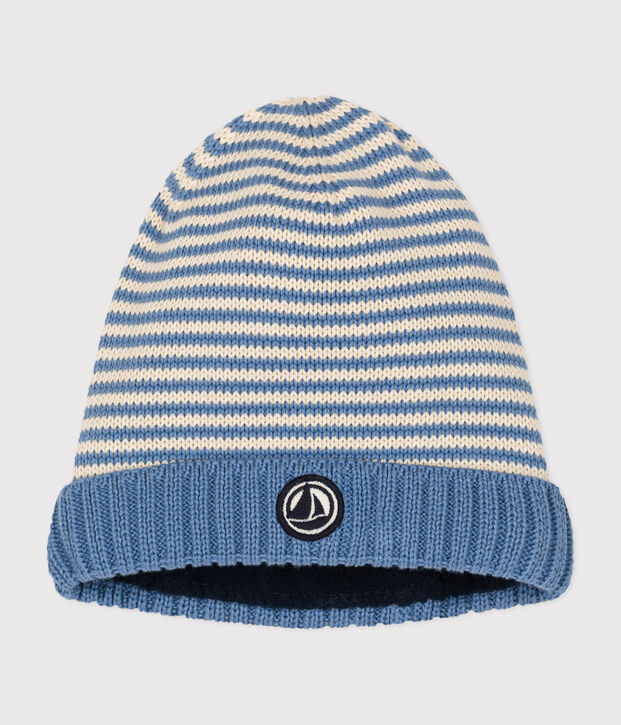 Baby-Strickm&uuml;tze mit Fleece-Futter blau/naturfarben