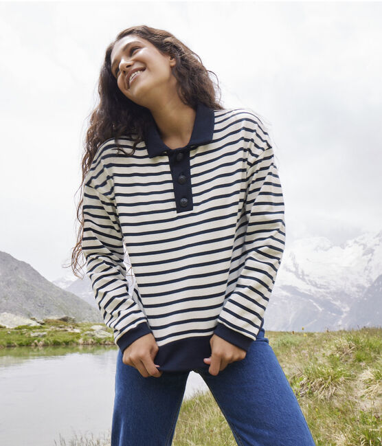Polo-Streifenshirt aus Baumwolle für Damen weiss MARSHMALLOW/blau SMOKING