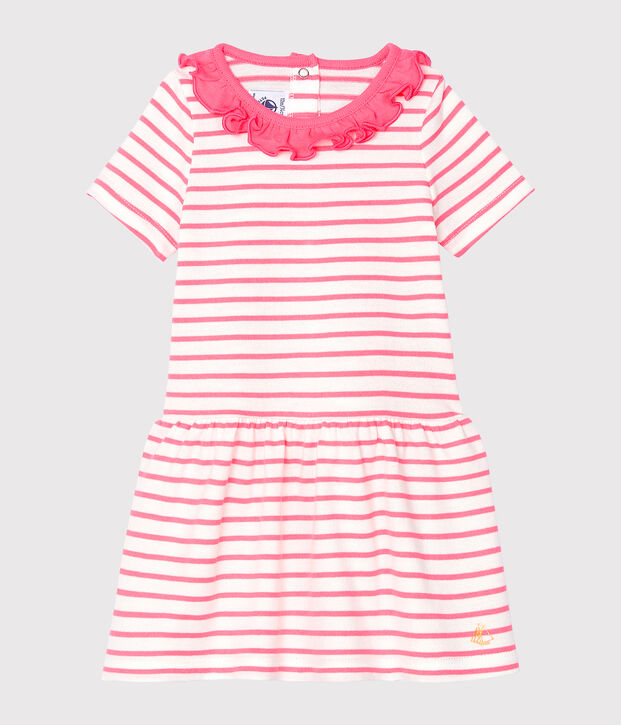 Gestreiftes Baby-Kleid mit R&uuml;schenkragen f&uuml;r M&auml;dchen weiss/rosa