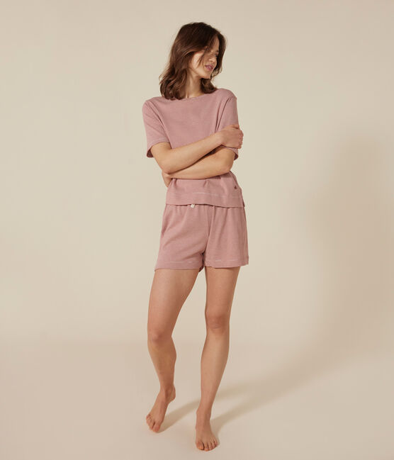 Damen-Pyjama bestehend aus kurzer Hose und T-Shirt aus gestreifter Baumwolle FAMEUX/ MARSHMALLOW