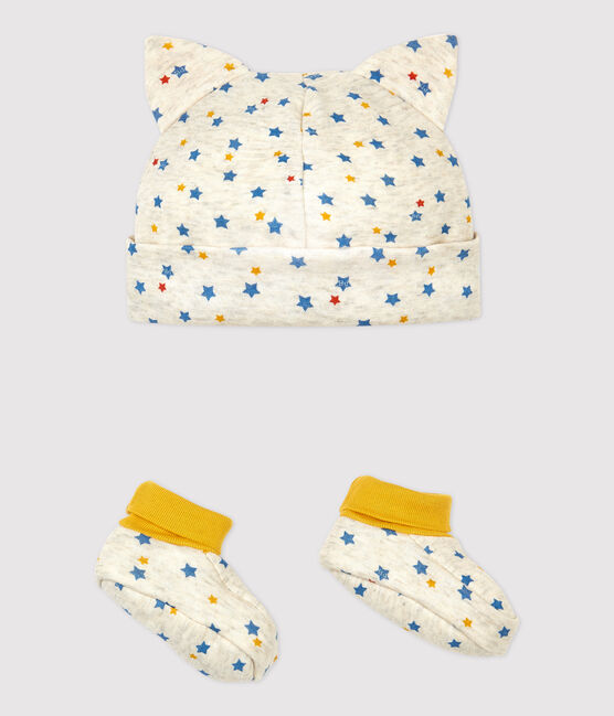 Set für Neugeborene: Baby-Mützchen und Schuhe aus Wolle/Bio-Baumwolle für Jungen beige MONTELIMAR/weiss MULTICO