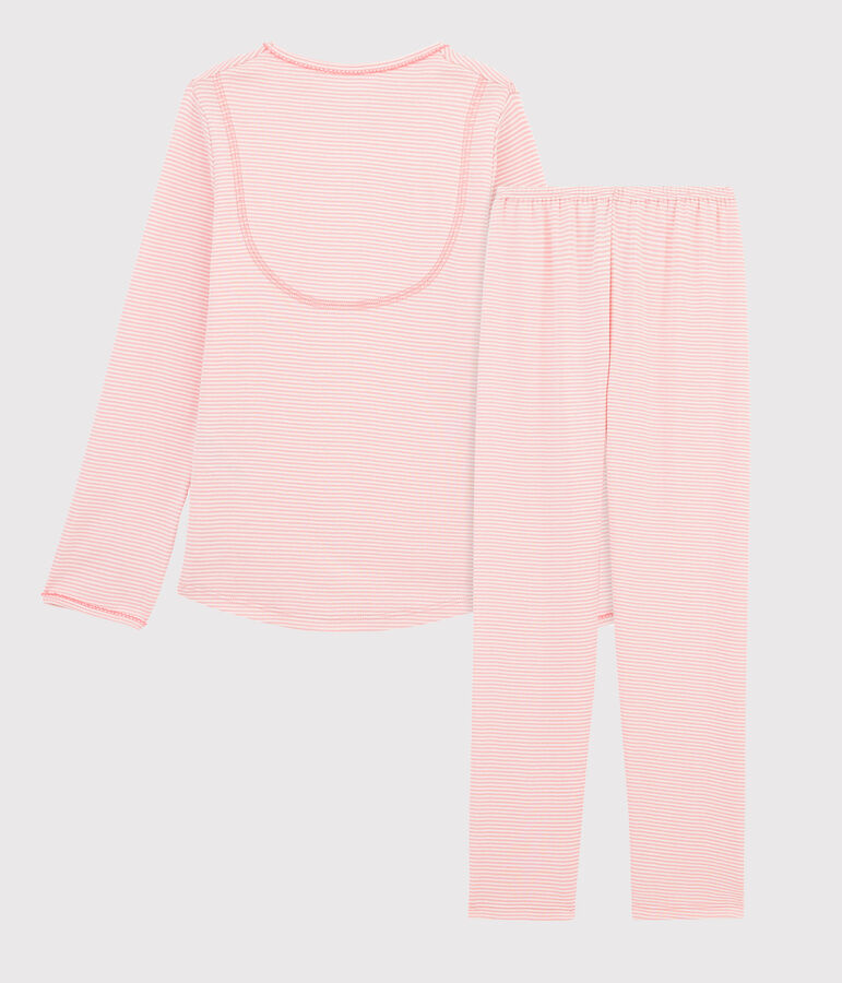 Kinderpyjama aus Rippstrick mit Ringelmuster f&uuml;r M&auml;dchen rosa/weiss
