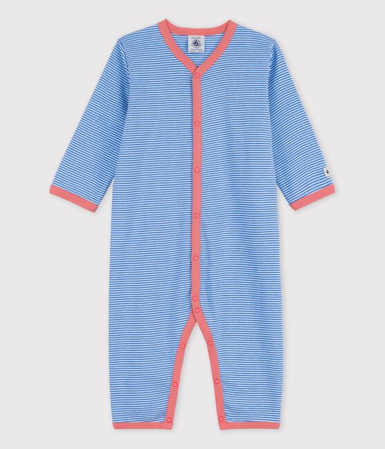 Gestreifter Baby-Strampler aus Bio-Baumwolle ohne Füße blau BRASIER/grau MARSHMALLOW