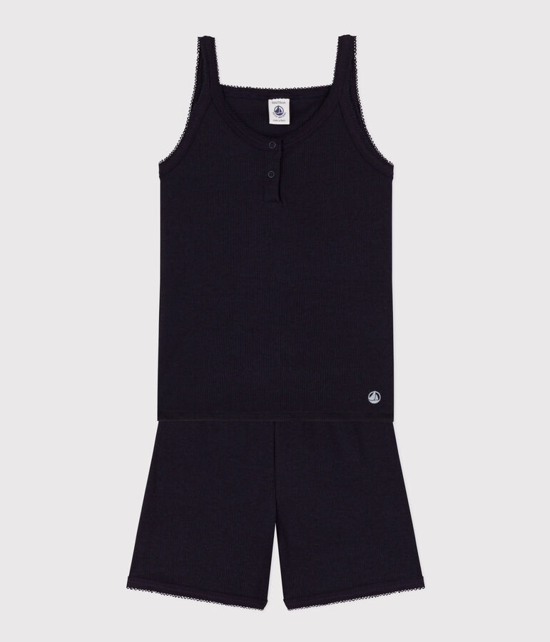 Kinder-Kurzpyjama mit Spaghetti-Top aus Baumwolle und Lyocell f&uuml;r M&auml;dchen blau SMOKING