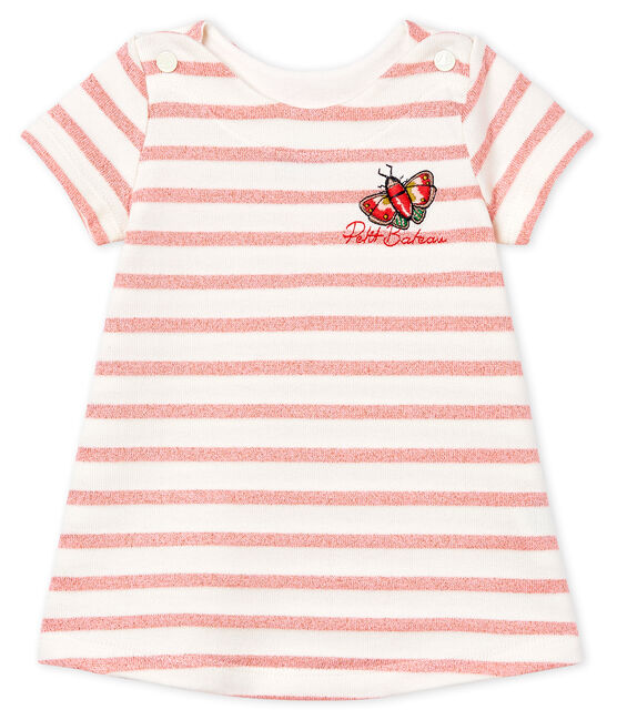 Kurzärmeliges gestreiftes Babykleid für Mädchen weiss MARSHMALLOW/rosa JOLI BRILLANT