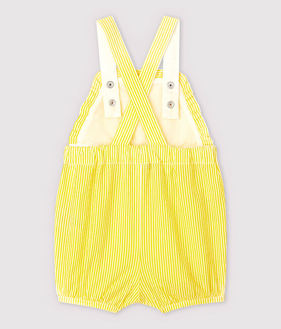 Kurze, gestreifte Baby-Latzhose aus Seersucker für Mädchen gelb SHINE/weiss MARSHMALLOW