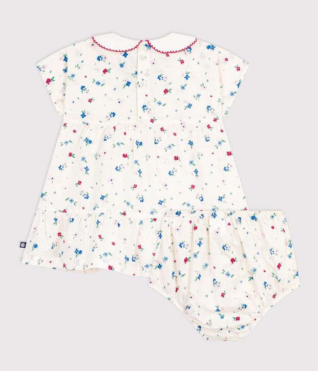 Kurz&auml;rmeliges Babykleid aus Baumwolle und dazu passender Bloomer mit Blumenmuster weiss/vielfarbig