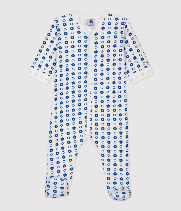 Baby-Strampler aus Molton und Bio-Baumwolle mit Blumenmuster im Retro-Look weiss/blau