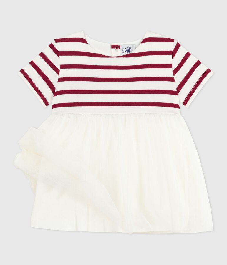 Kurz&auml;rmeliges Baby-Kleid aus zwei Stoffen naturfarben/rot