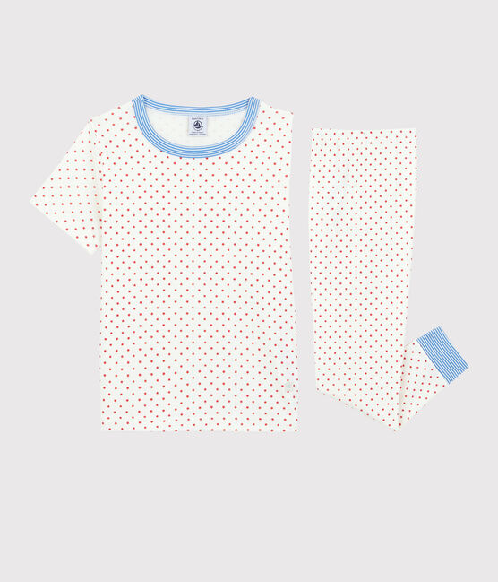 Kurzärmeliger Kinderpyjama aus Bio-Baumwolle mit roten Sternen für Jungen weiss MARSHMALLOW/rot PEPS
