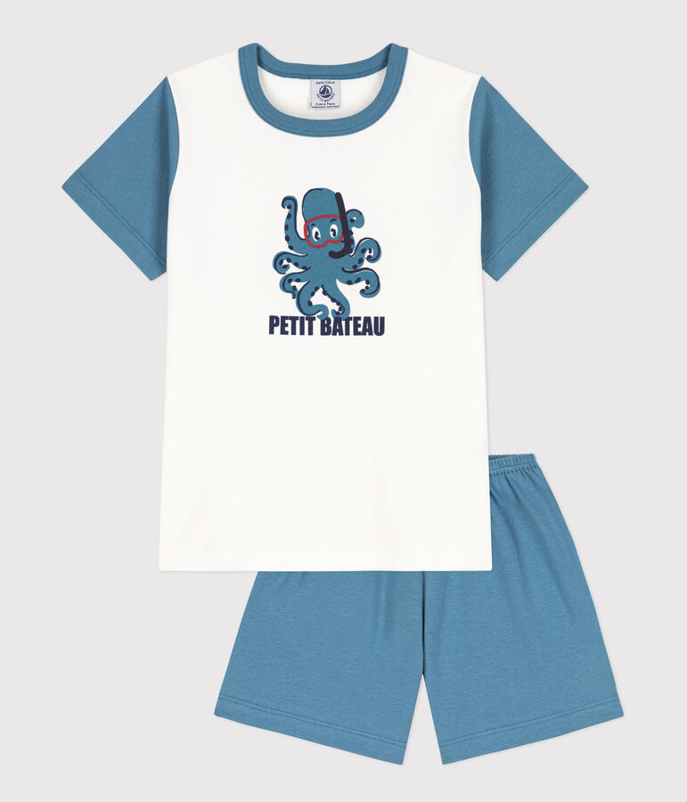 Kinder-Kurzpyjama aus Baumwolle mit Tintenfischmotiv blau/weiss