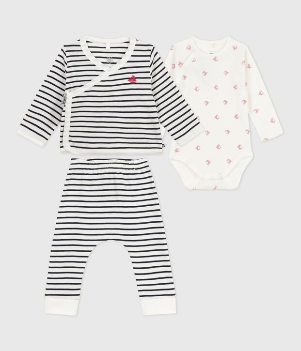 3-teiliges Baby-Set mit Matrosenstreifen und Body mit Schiff-Motiv weiss/blau