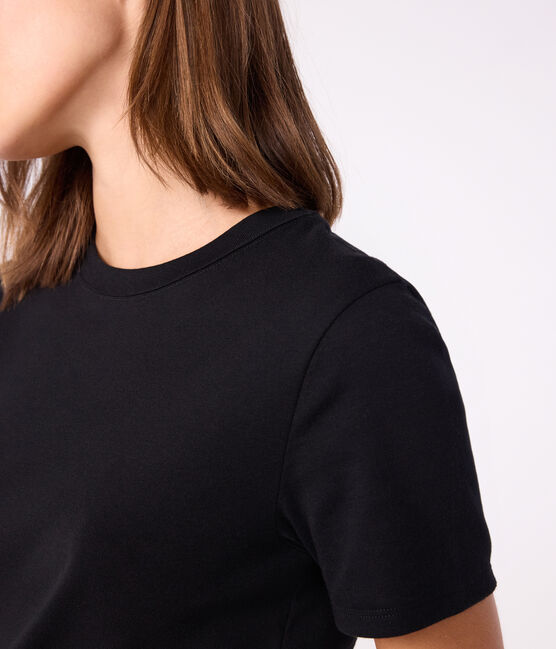 Kurzärmeliges Damen-T-Shirt L'ICONIQUE aus einfarbigem Rippstrick schwarz BLACK