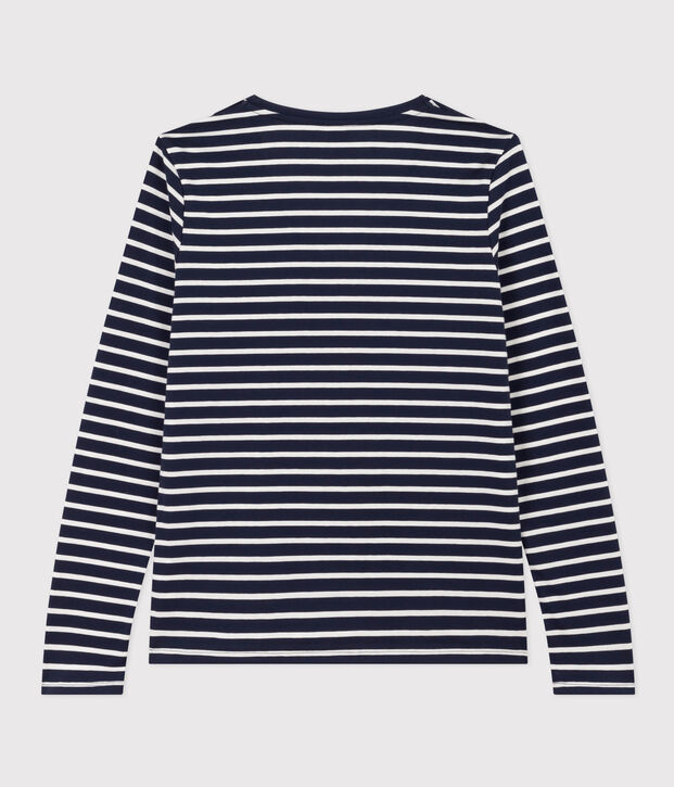 Lang&auml;rmeliges Damen-T-Shirt Le Droit mit V-Ausschnitt aus feinem Jersey blau/weiss