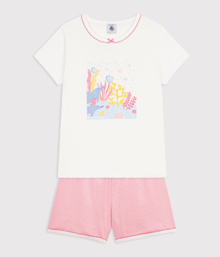 Kinder-Kurzpyjama aus Baumwolle mit Meer-Motiv weiss/rosa